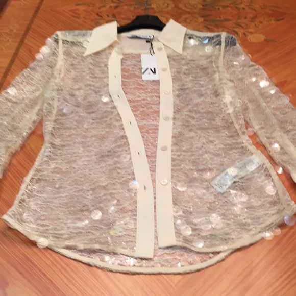 Zara Sequin Button Down semi sheer Cream Shirt Top sz.XS - Picture 11 of 16